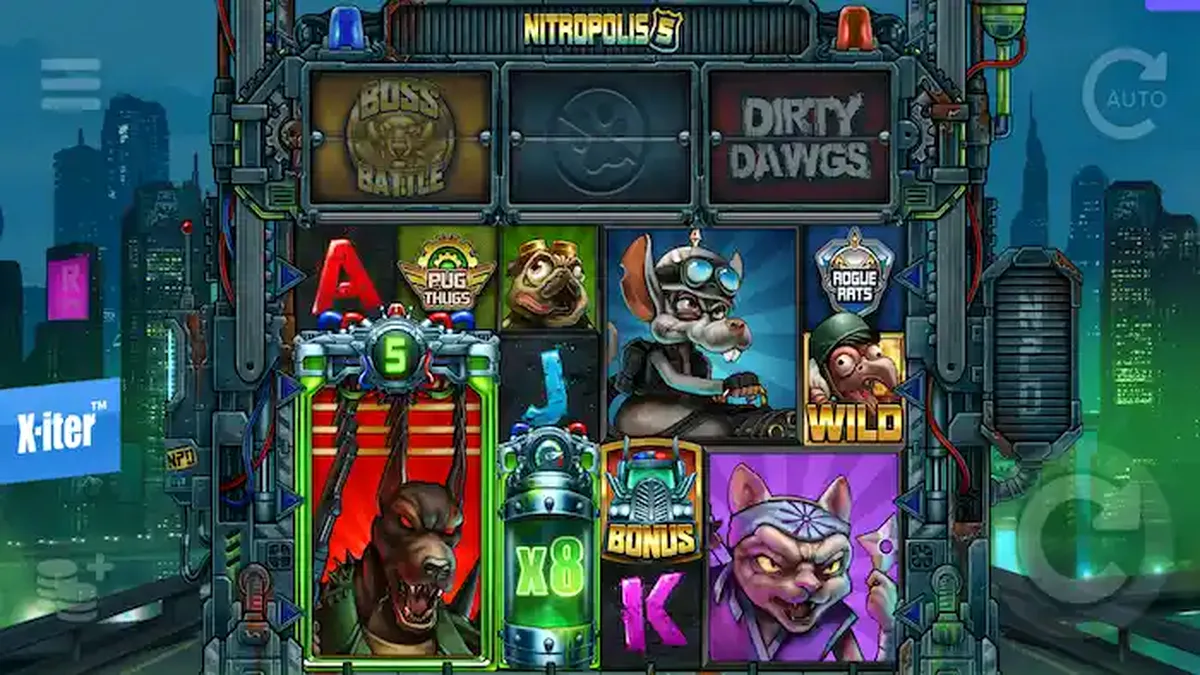 Cena de ação intensa do jogo Nitropolis 5 com elementos de guerra urbana
