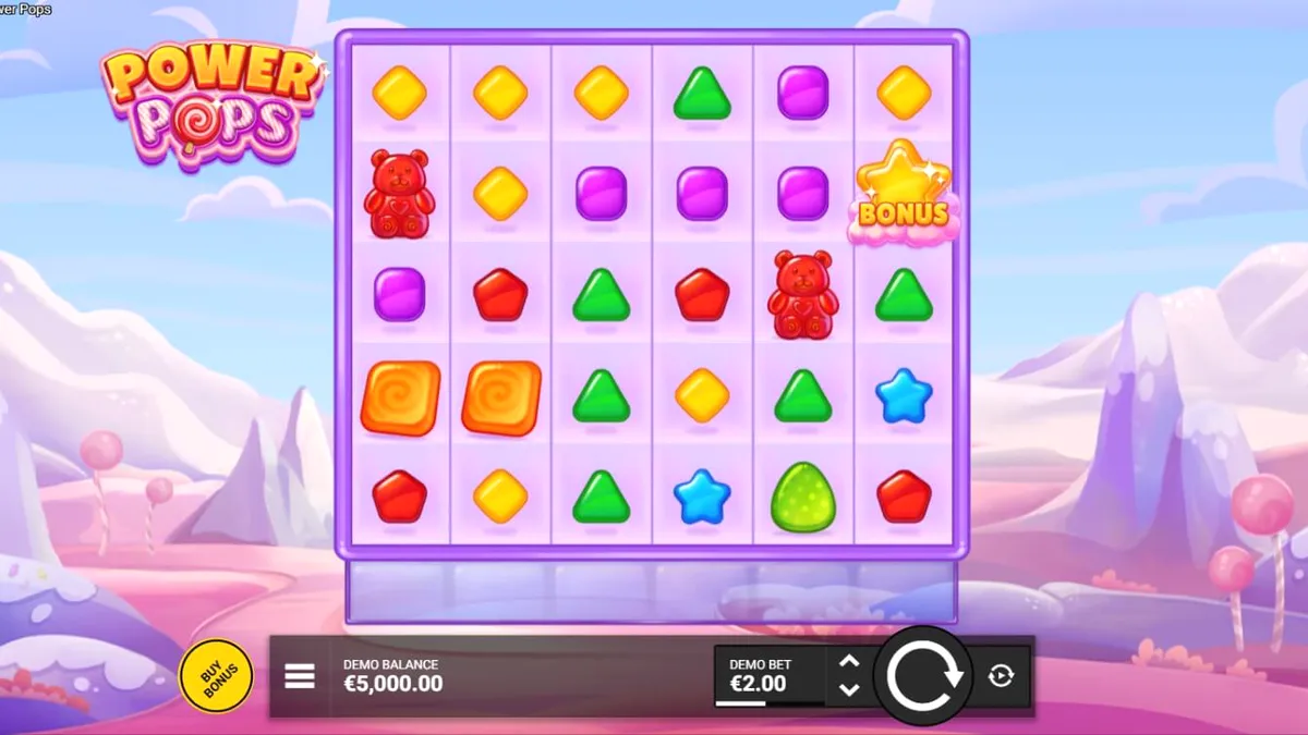 Interface colorida e doce do slot Power Pops com pirulitos e doces